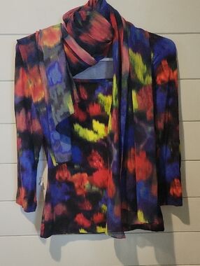 St. John Multicolor Abstract Square Neck Top and Scarf- Black/Multicolor